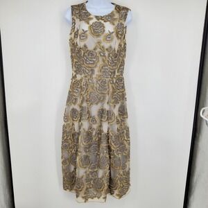 Anthropologie Hithero Rosette Grey Gold Floral Midi Formal Party Cocktail Dress